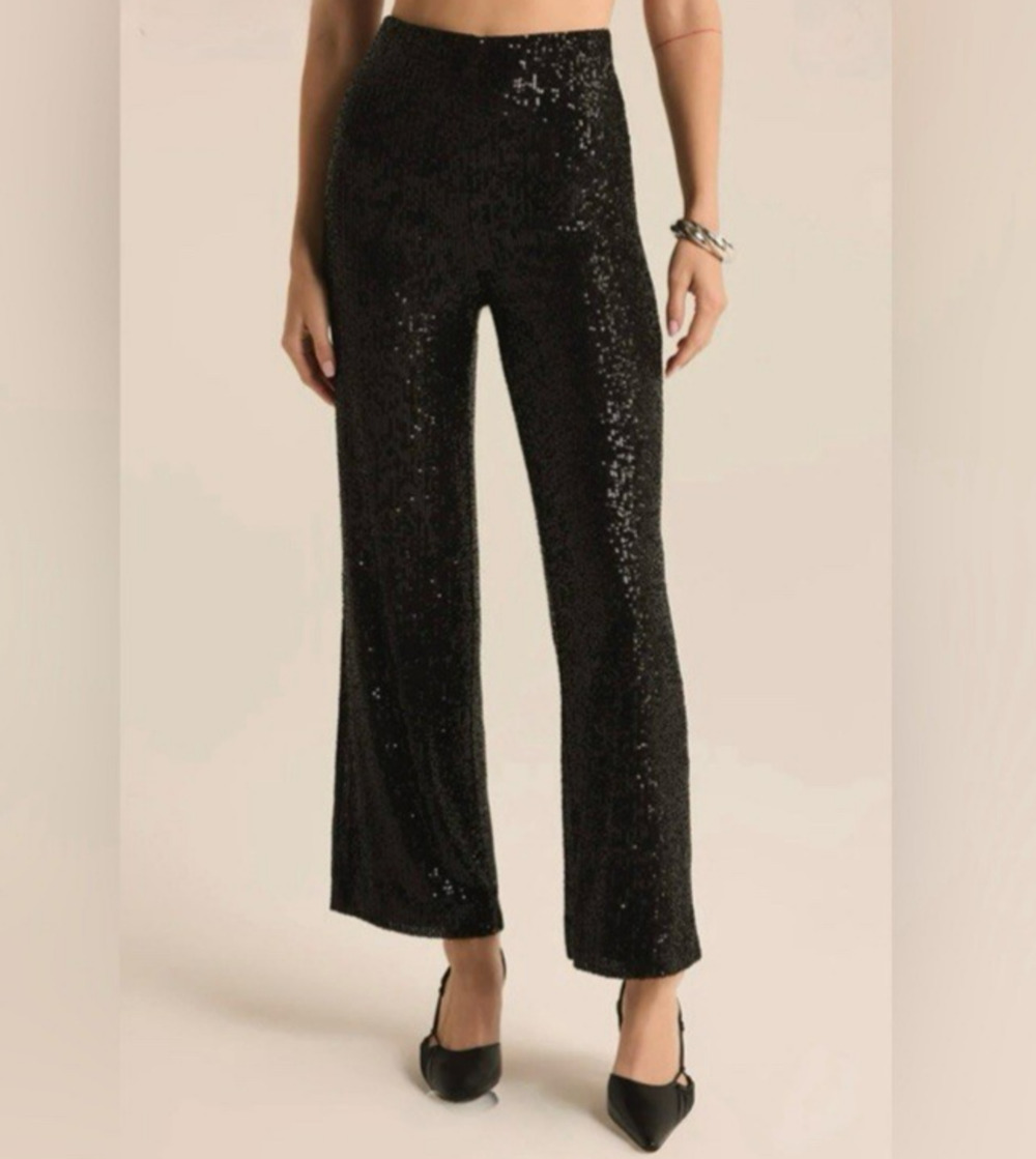 Z-Supply Skylar Black Sequin Pants Womens Small Pull On Ankle Wide Leg Party NEW